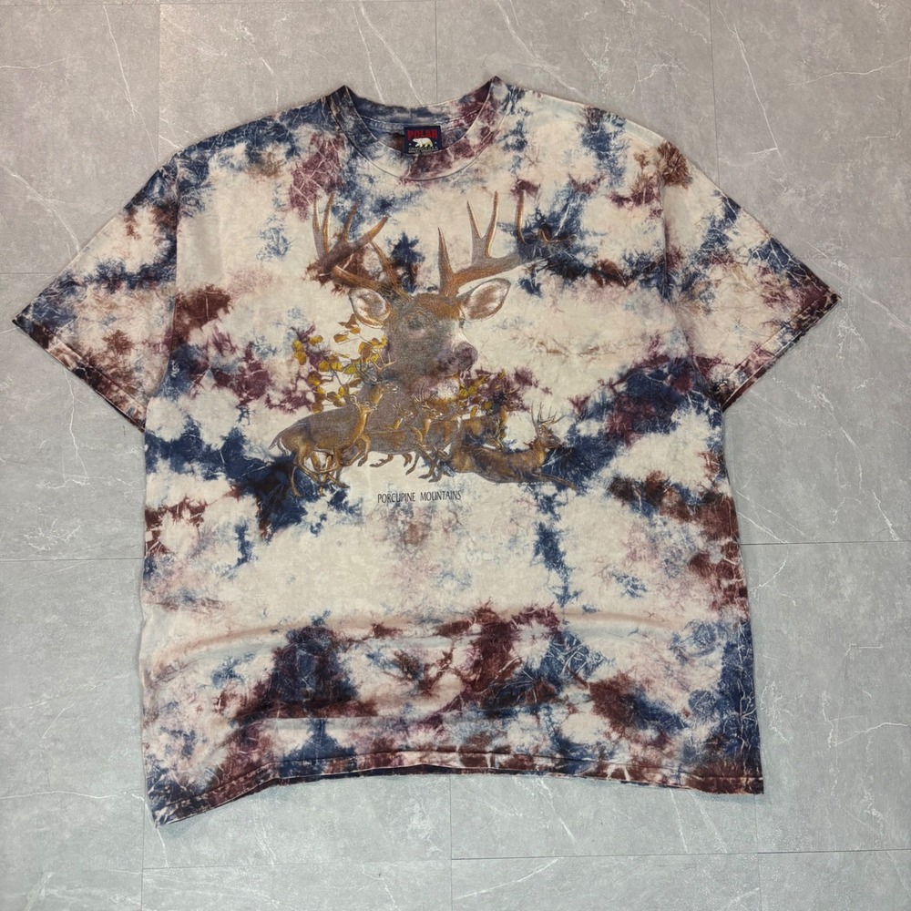 Vintage Polar Graphics USA Porcupine Mountains Deer Tie Dye T-Shirt Mens XL